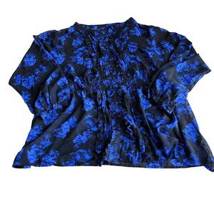 Torrid Womens black and blue floral chiffon clip‎ dot ruffle front blouse Size 4